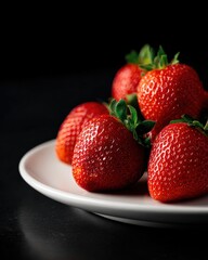 Aufkleber - Fresh, Juicy, Bright Red Strawberries with Green Leaves on a White Plate Against Black Background for Healthy Food, Fruit, and Dessert Themes