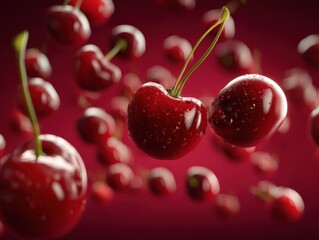 Aufkleber - Close-up of fresh ripe cherries with water droplets on a deep red background ideal for healthy fruit or summer fruit themes