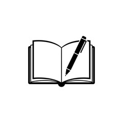 Poster - A black open book and pen icon representing writing and knowledge on a white background