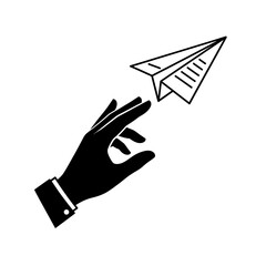 Poster - A hand launches a paper airplane representing new ideas and freedom a vector illustration
