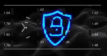 Poster - Flowing white waves sparking blue shield assembling padlock forming representing secure lock
