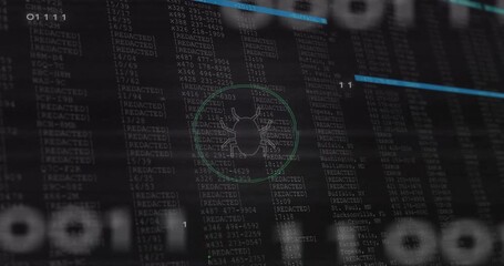 Poster - Interface opening, bug icon animating with circuits, code, scan line simulating malware detection