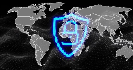 Poster - upon dark grid appearing, neon-blue shield forming into padlock, signifying global security
