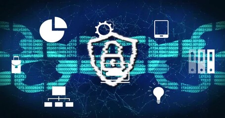 Poster - Scrolling code initiating cloud icon glitching into shield-padlock icon ensuring data protection