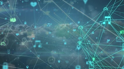 Poster - Network mesh materializing over clouds, pulsing icons linking and rotating visualizing data flow