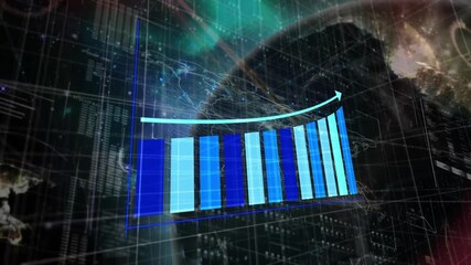 Poster - Wireframe Earth appearing while data bars filling blue and arrow sweeping upward for global growth