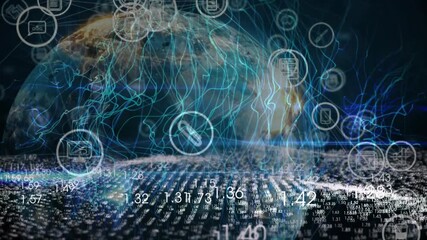 Poster - Light matrix initiating globe rotating, network lines flowing, icons growing to show connectivity