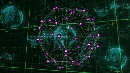 Poster - Upon grid activation network sphere rotating, pulsating and drawing icons visualizing connectivity