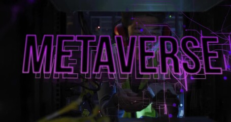 Poster - Technician in server rack adjusting cables and tapping tablet, creating purple METAVERSE overlay