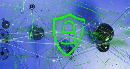 Poster - On network startup, green shield icon cycling symbols and tracing data, forming security lock