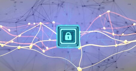 Poster - Stylized lock appearing, two colored waves undulating behind it, pulsing nodes and securing network