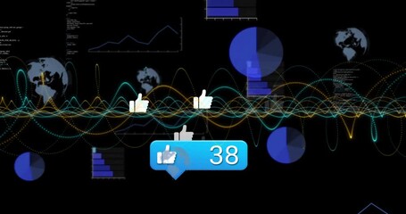 Poster - Showing waving waves after pause fading blue bubble adding thumbs-up icons and raising like count