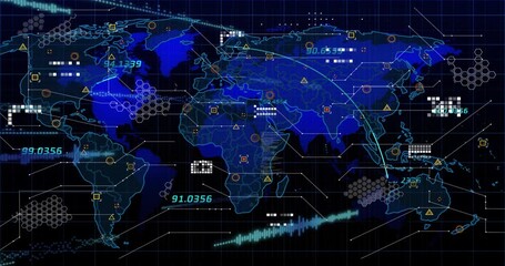 Poster - When loading deep-blue digital world map, displaying labels arcs grids bars visualizing global data