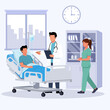 © Thayamon Digitalart - Illustration of a doctor and nurse attending to a patient in a hospital bed with an IV drip, symbolizing inpatient care and medical treatment.