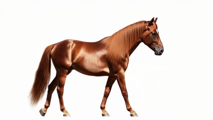 a chestnut horse gracefully walking in front of a white background, with smooth movement and