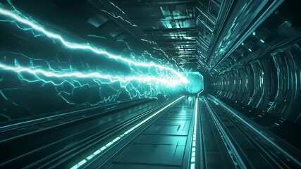 Wall Mural - Futuristic tunnel with glowing blue energy streams, evoking speed and technology in a sci-fi setting