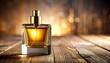 © andra - Amber perfume bottle on rustic wood