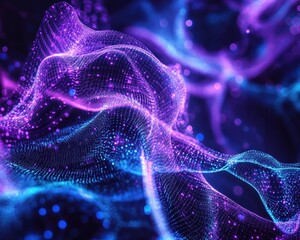 Aufkleber - A vibrant abstract rendering featuring flowing lines of light in shades of purple and blue on dark background