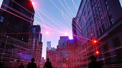 Wall Mural - vibrant city street illuminated by colorful laser lights at dusk, bustling with pedestrians and skys