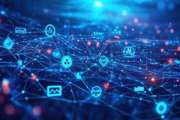 Aufkleber - A futuristic network of interconnected nodes and lines with glowing blue and red light effects present