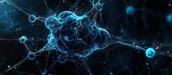 Aufkleber - A detailed close up of interconnected blue spheres and web like structures against a dark background