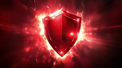 Poster - Dynamic shield radiating energy on dark background. Graphic design symbolizes protection and security. Explosive light effects emphasize power and defense.