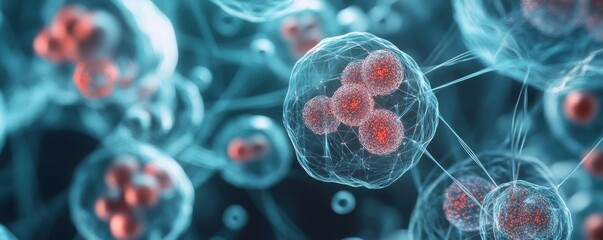 Poster - A microscopic view of cells with red nuclei connected by thin strands in a blue tinted background