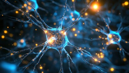 Aufkleber - Close up of interconnected blue and orange neural network cells with glowing particles in dark background