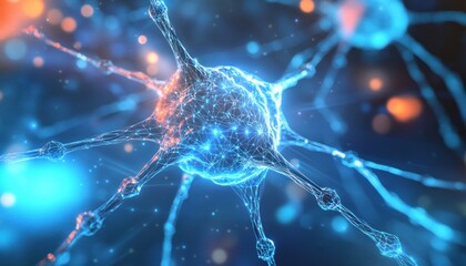 Aufkleber - A close up view of a digital rendering of interconnected neurons with glowing blue and orange lights