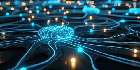 Aufkleber - Digital brain connected by glowing lines and nodes on a dark reflective surface with bokeh lights
