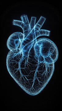 Anatomical heart illustration with blue veins and arteries on a black background digital rendering