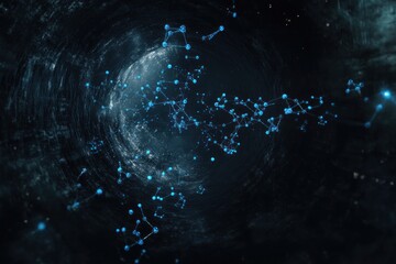 Aufkleber - A dark swirling vortex with interconnected blue spheres and lines creating a network like structure