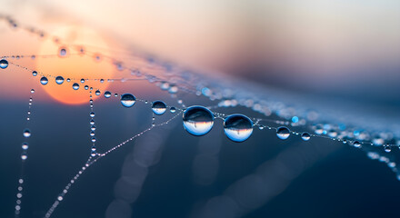 A hyper-realistic macro shot of delicate water droplets on a glowing spiderweb at dawn, refracting a rainbow and showing nature's intricate beauty.
