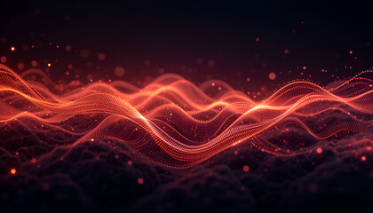 Poster - Dynamic abstract red waves flow with glowing particles for modern digital design concepts