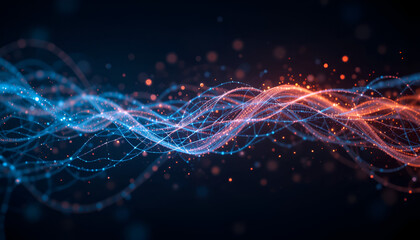 Poster - Dynamic abstract data flow visualization with glowing blue and orange particles, futuristic concept