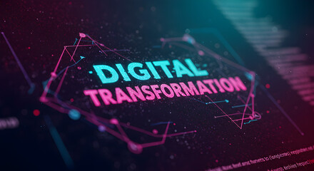 Poster - Abstract Digital Transformation Concept on Dark Textured Background with Geometric Patterns and Bokeh Effects in Cyan