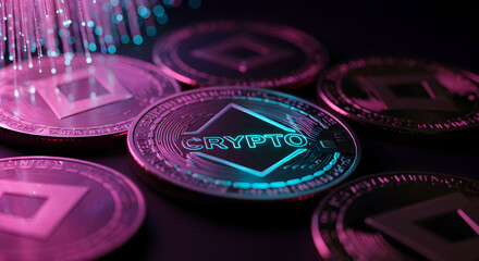 Aufkleber - Close Up of Cryptocurrency Coins with Pink and Blue Fiber Optics on Dark Surface for Digital Finance and Technology