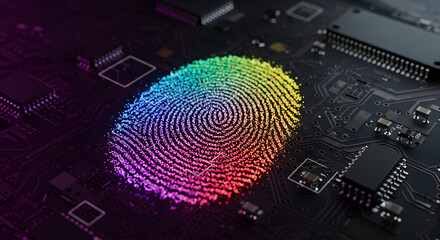Poster - Colorful Fingerprint Embedded on a Complex Dark Circuit Board Security Technology Concept