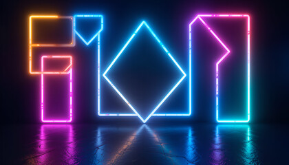 Aufkleber - Vibrant neon geometric shapes glowing in a dark room, modern abstract art background