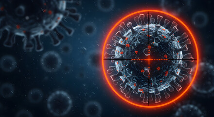 Poster - Detailed Render of Virus Particles with Spiky Protrusions Target Symbol on Blue Background