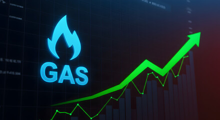 Poster - Dramatic Display of Rising Gas Prices Represented By Upward Green Arrow and Illuminated Blue Gas Icon on Dark Graph