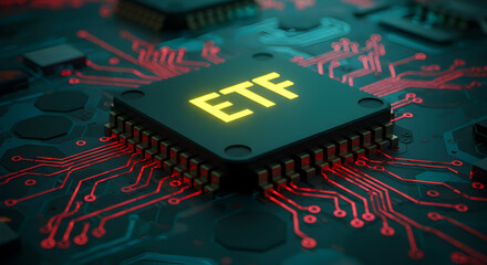 Poster - Electronic Microchip with Yellow ETF Text on Red Circuit Board in Dark Background