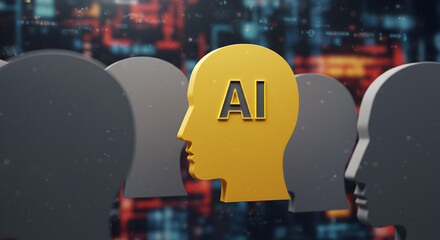 Poster - Golden Head with AI Text Stands out in Grey Crowd Represents Artificial Intelligence