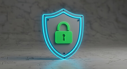 Poster - Green Padlock on Grey Shield with Blue Outline Depicting Security and Protection on Textured Background