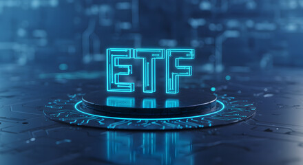 Poster - Illuminated E T F Symbol on a Digital Platform with Glowing Blue Circuitry in an Abstract Futuristic Background