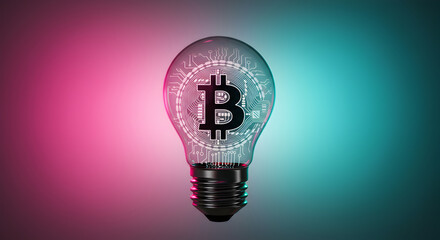 Aufkleber - Illuminated Light Bulb Displaying a Digital Pattern on a Gradient Pink and Blue Background Symbolizing Modern Financial