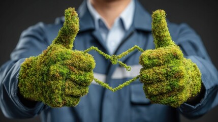 Poster - Unique artistic representation of two fingers formed from lush green moss symbolizing nature's resilience and growth