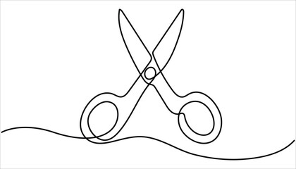 Poster - Scissor tool one line continuous single line art drawing outline design vector illustration, Continuous one line stylist scissors symbol concept. Barber haircut beauty salon lifestyle. 