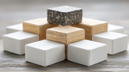 Poster - A wooden block with a white cube and a black cube representing predictive models in quantum interest rate analysis