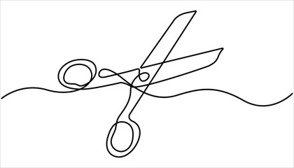 Poster - Scissor tool one line continuous single line art drawing outline design vector illustration, Continuous one line stylist scissors symbol concept. Barber haircut beauty salon lifestyle. 